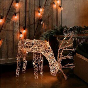 24"H Outdoor Rattan Grazing Reindeer Lawn Decoration with White Lights